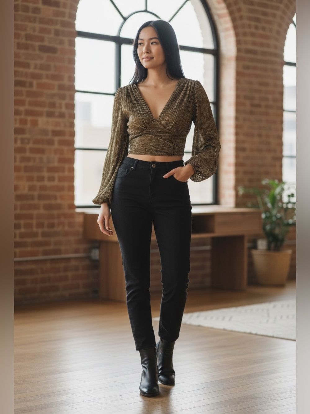 Beulah Style Plisse V-Neck Long Sheer Sleeve Cropped Top Gold Shimmer Small